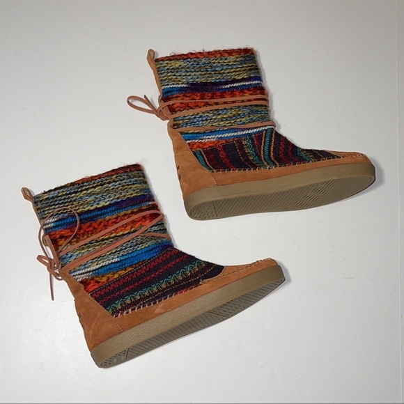 Toms “Nepal” Cognac Suede Multicoloured Boho Sherpa Boots - Women’s Size 7.5 - Picture 6 of 8